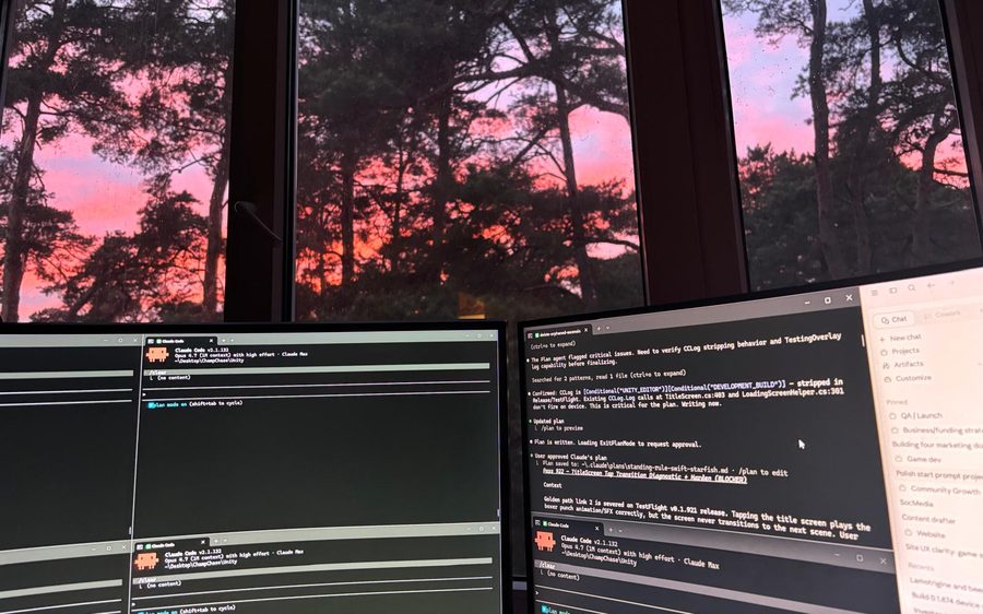 Parallel agent terminals across two monitors, each pinned to its own slice of the codebase