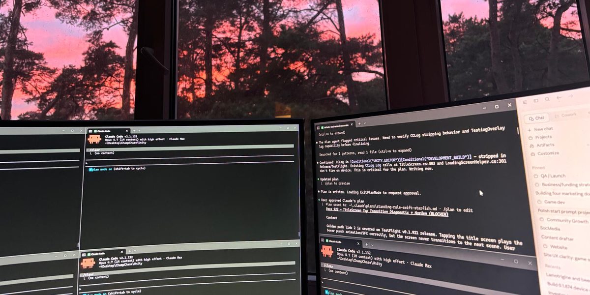 The real six-session setup — parallel agent terminals across two monitors at sunset, each pinned to its own slice of the codebase