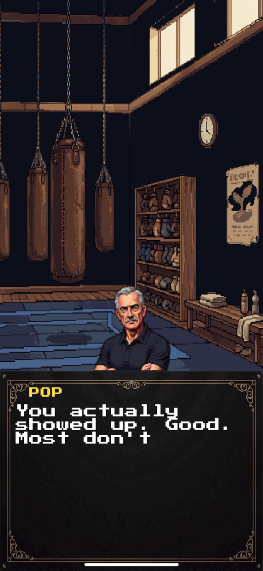 Story scene — meeting Pop in his boxing gym