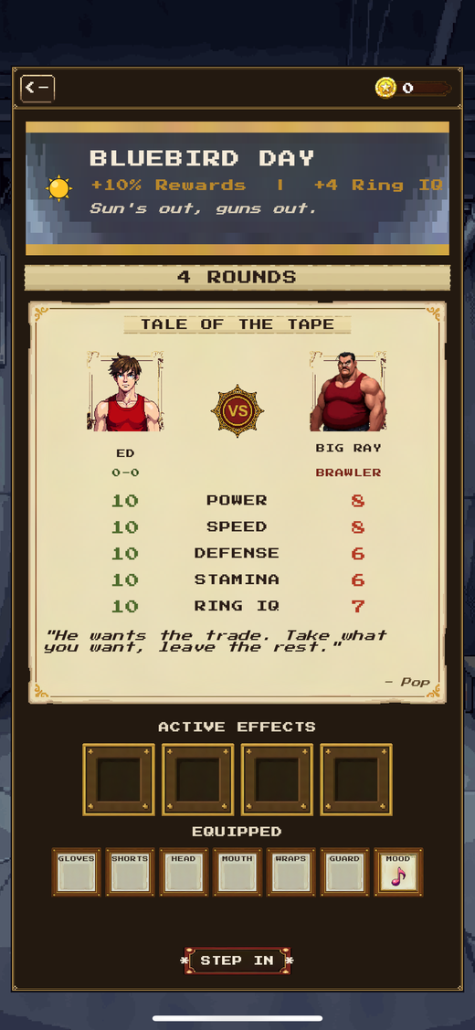 Pre-fight prep — tale of the tape, active effects and equipped gear