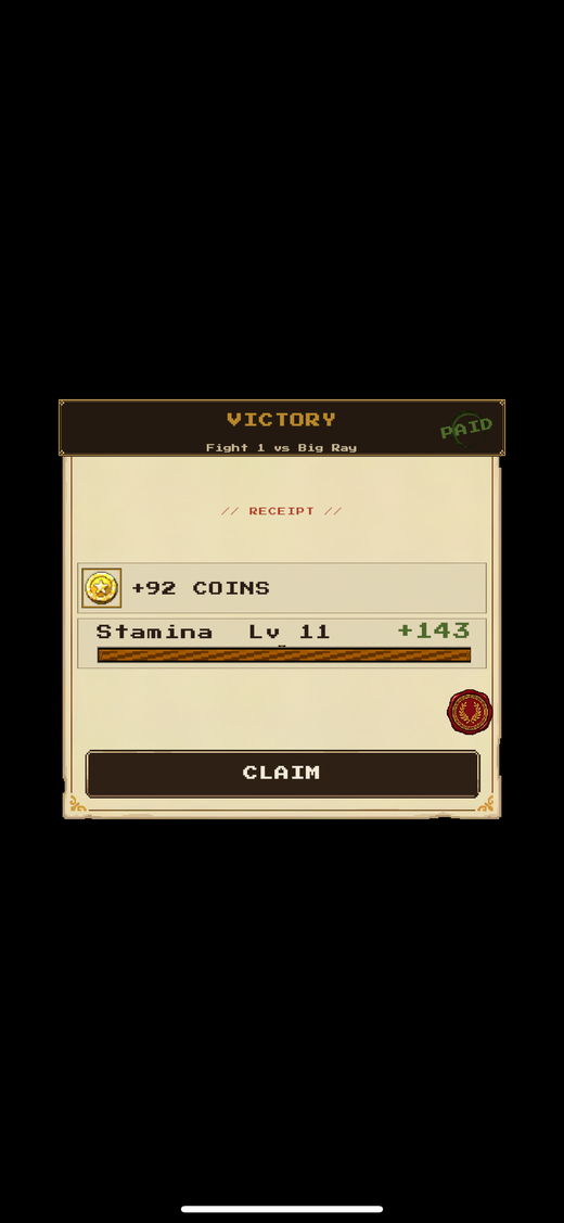 Post-fight receipt — coins earned and stamina levelled up