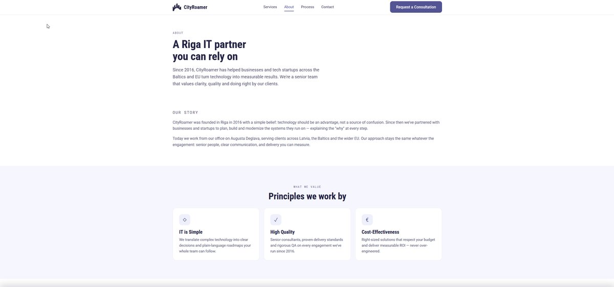 The rebuilt CityRoamer About page — a clean navy-and-indigo consulting site