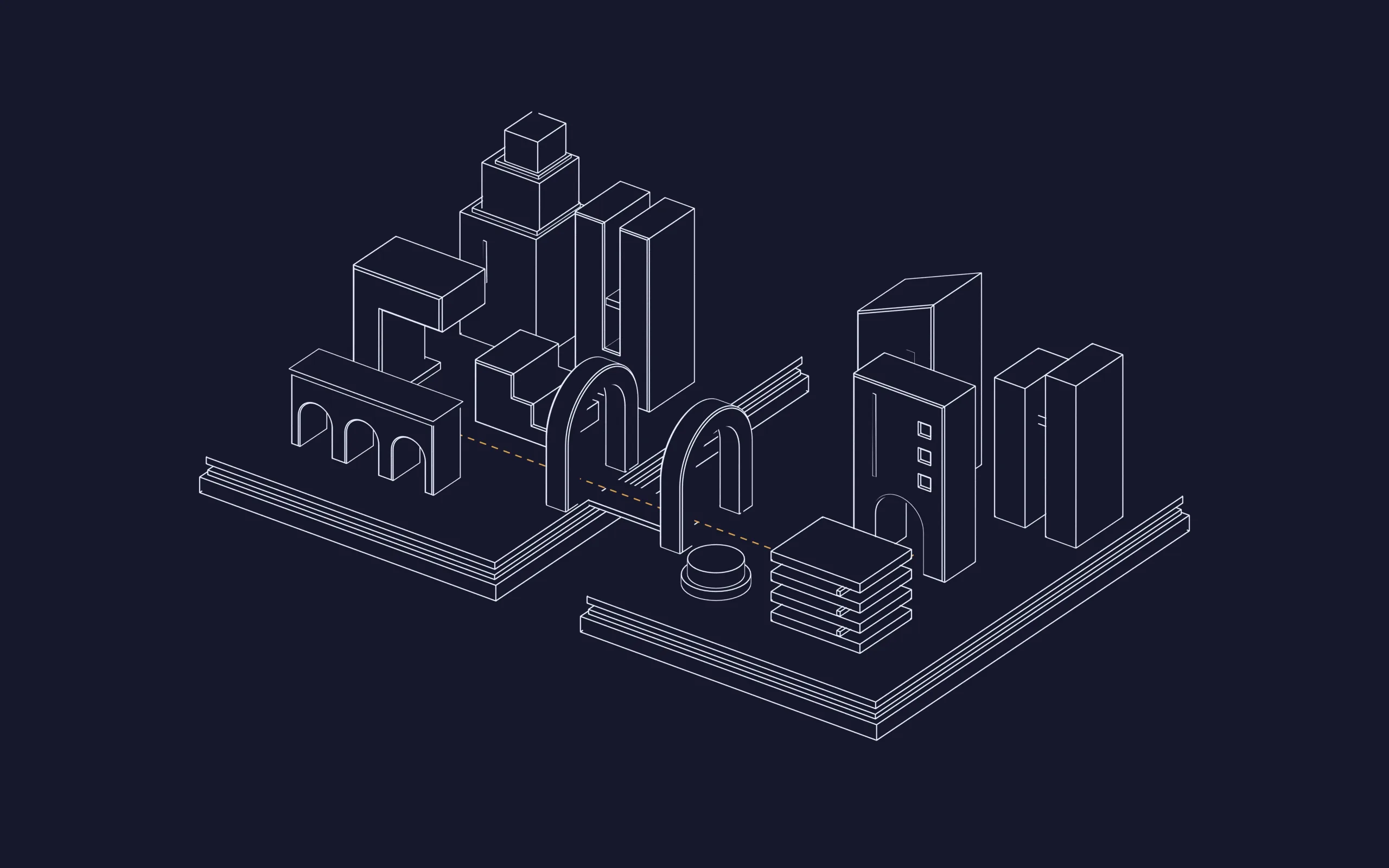 The CityRoamer block drawn as linework on navy: two plinths of buildings joined by a dashed amber route