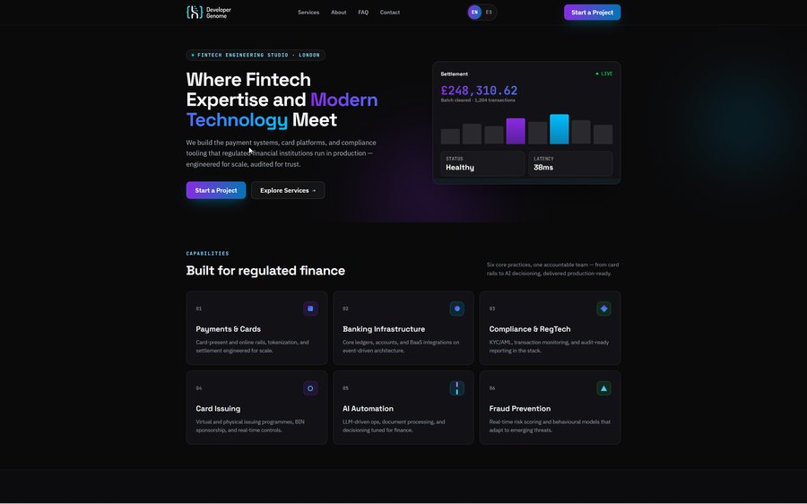 The rebuilt Developer Genome fintech studio homepage