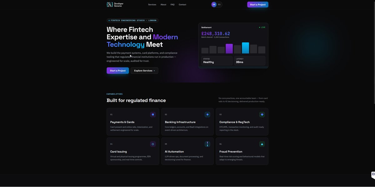 The rebuilt Developer Genome homepage — a dark fintech studio site with a live settlement panel and an English/Spanish toggle