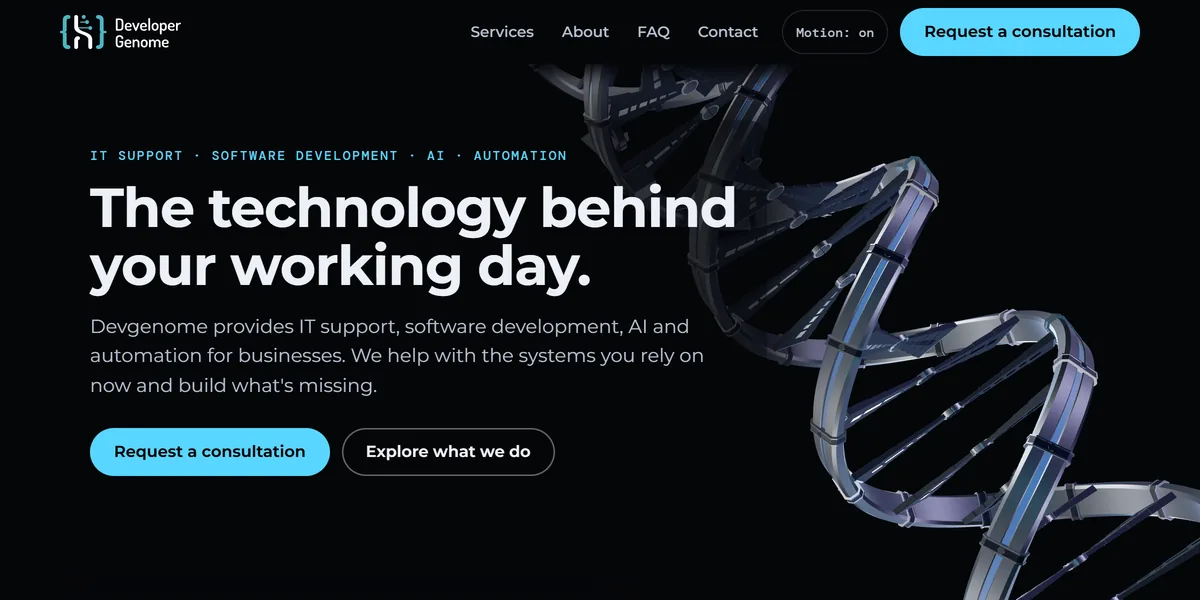 Devgenome's live home page: a 3D double helix beside the headline