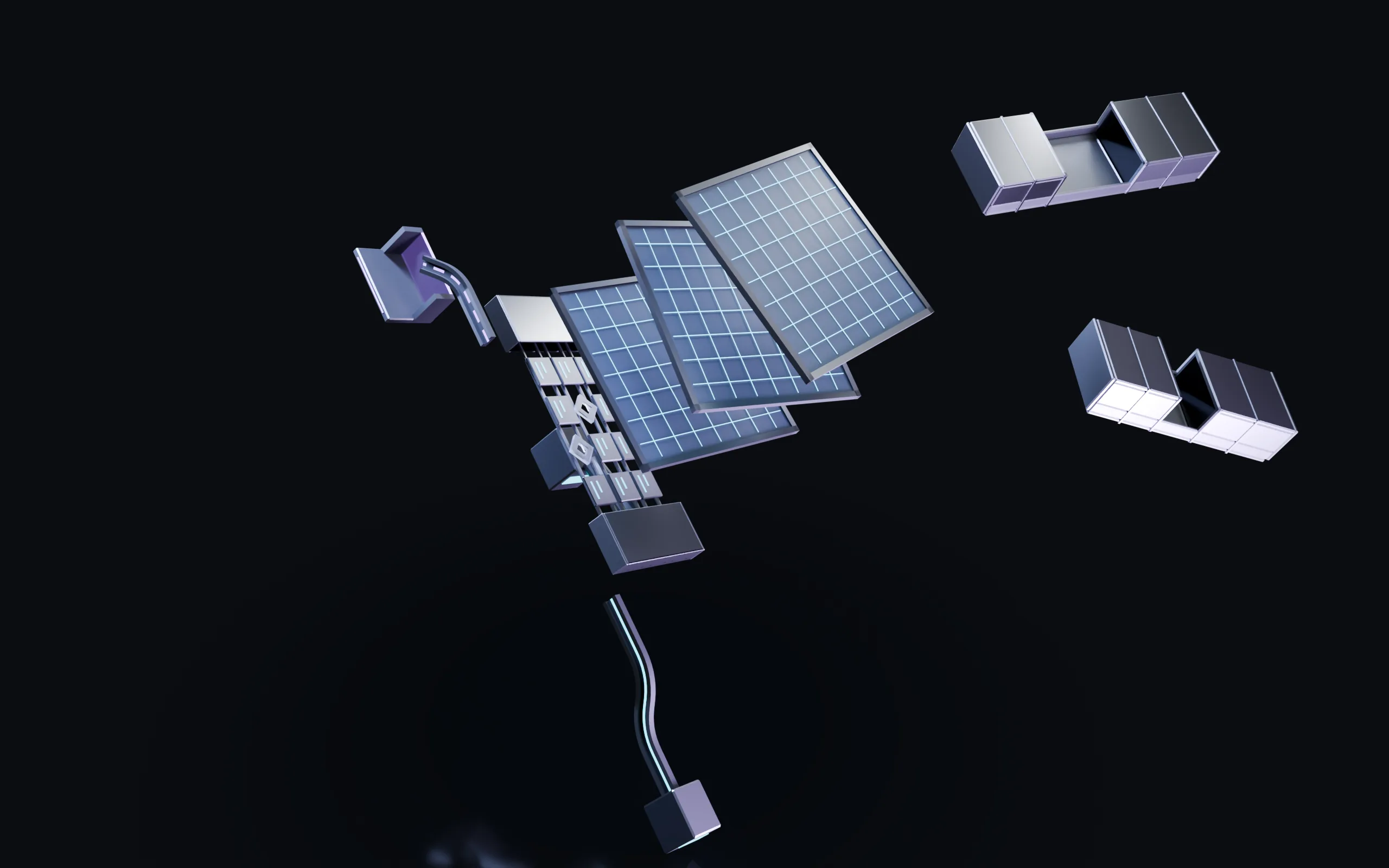 The same mechanism taken apart: its three grid panels lifted and fanned, the two feed modules raised, the cable halves pulled out to each side