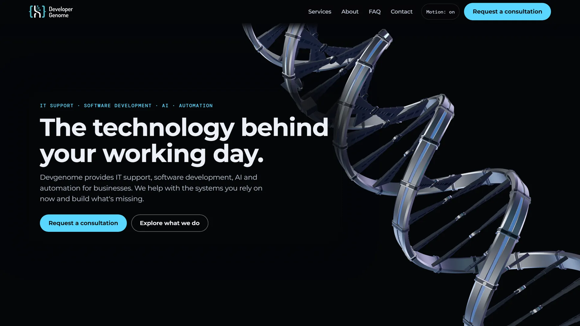 The devgenome.com home page at the same framing, with its own text over the helix