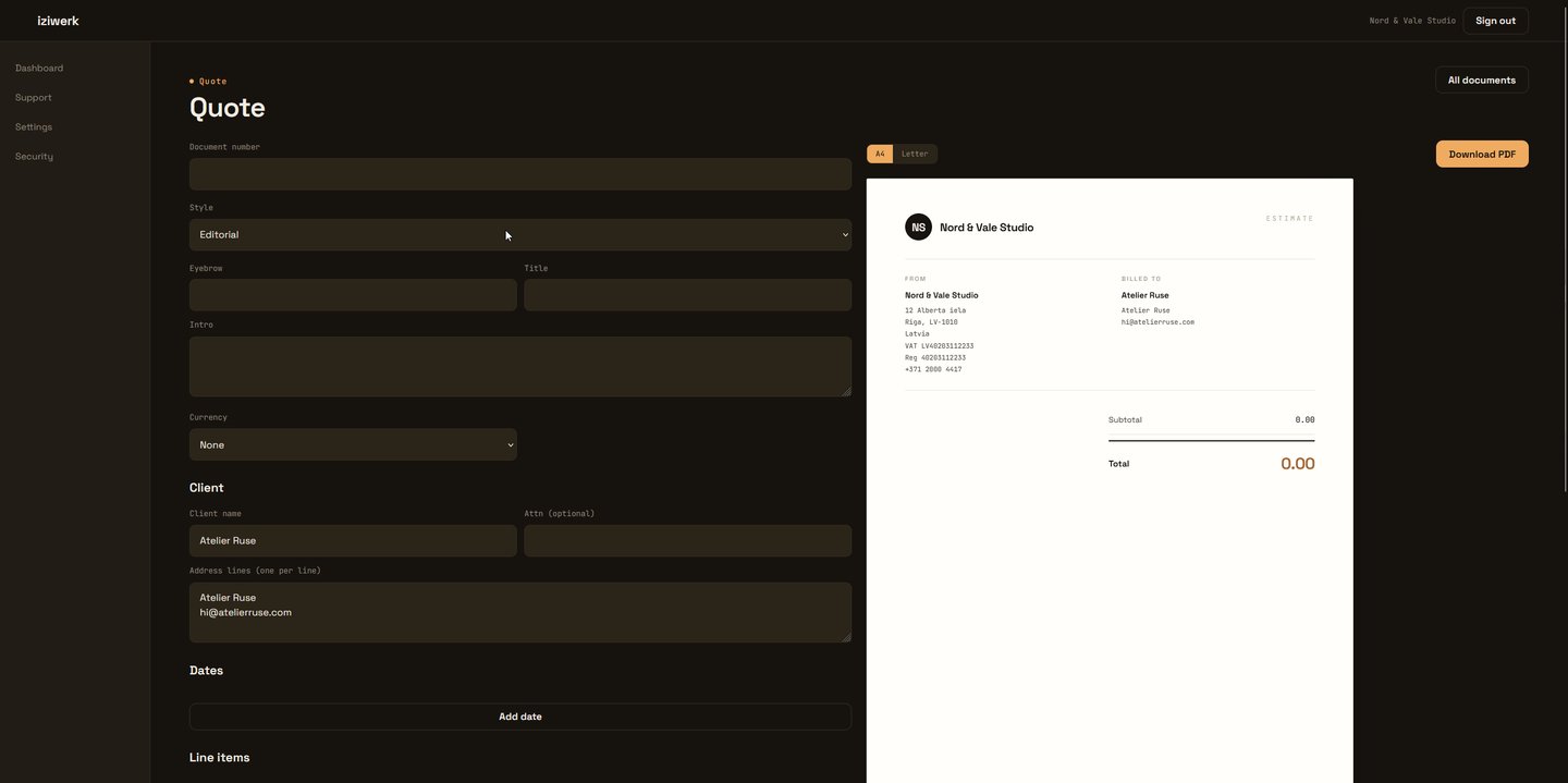The iziwerk document builder — the editor beside a live PDF preview of a quote, with A4/Letter and style controls