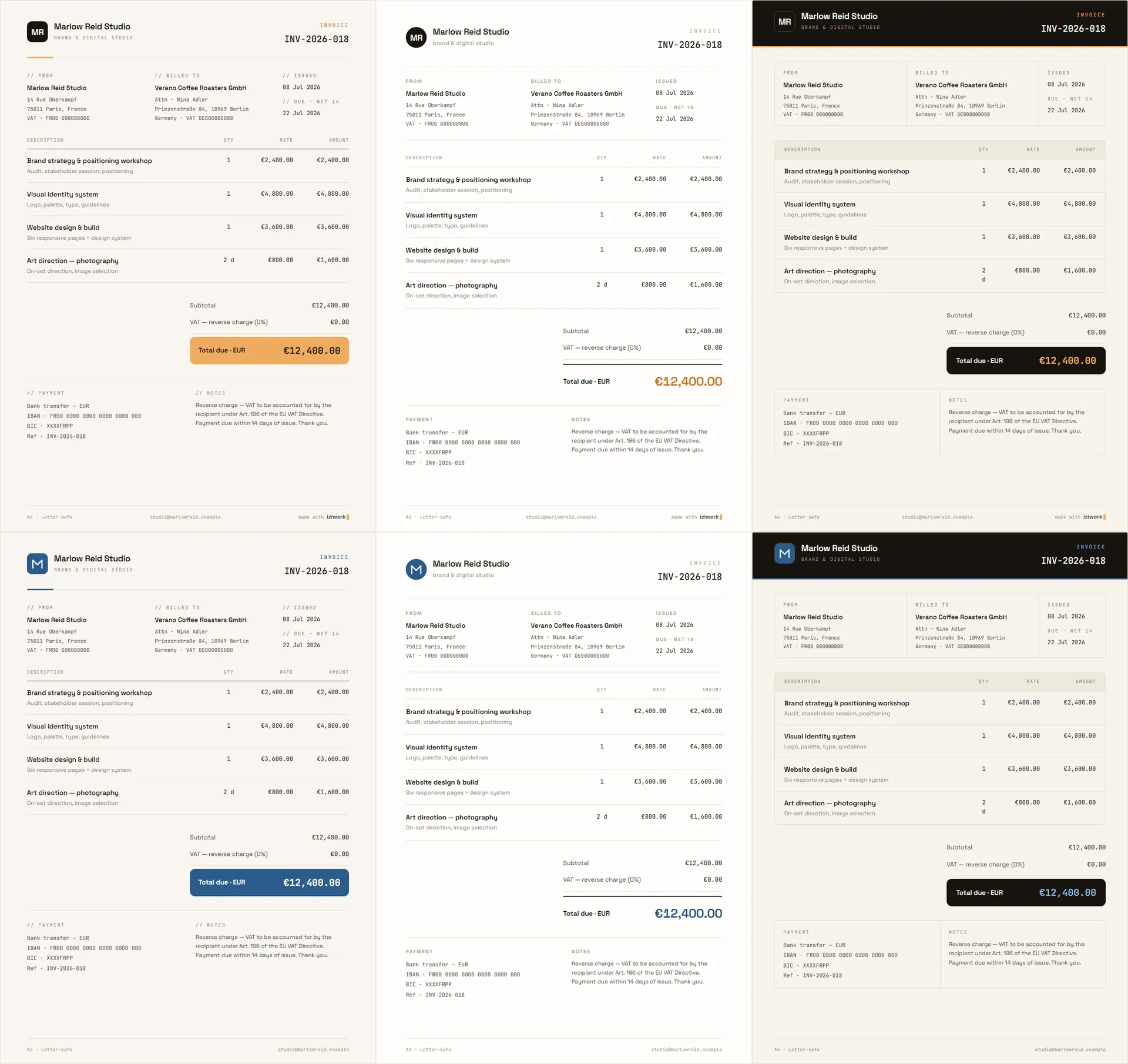 An invoice in the Terminal style with iziwerk's amber