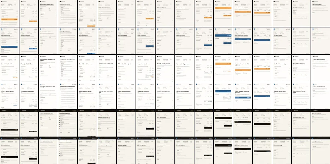 All 102 renders: the 17 document types across, and down, the Terminal, Editorial and Framed styles, each in iziwerk's amber and then in white-label
