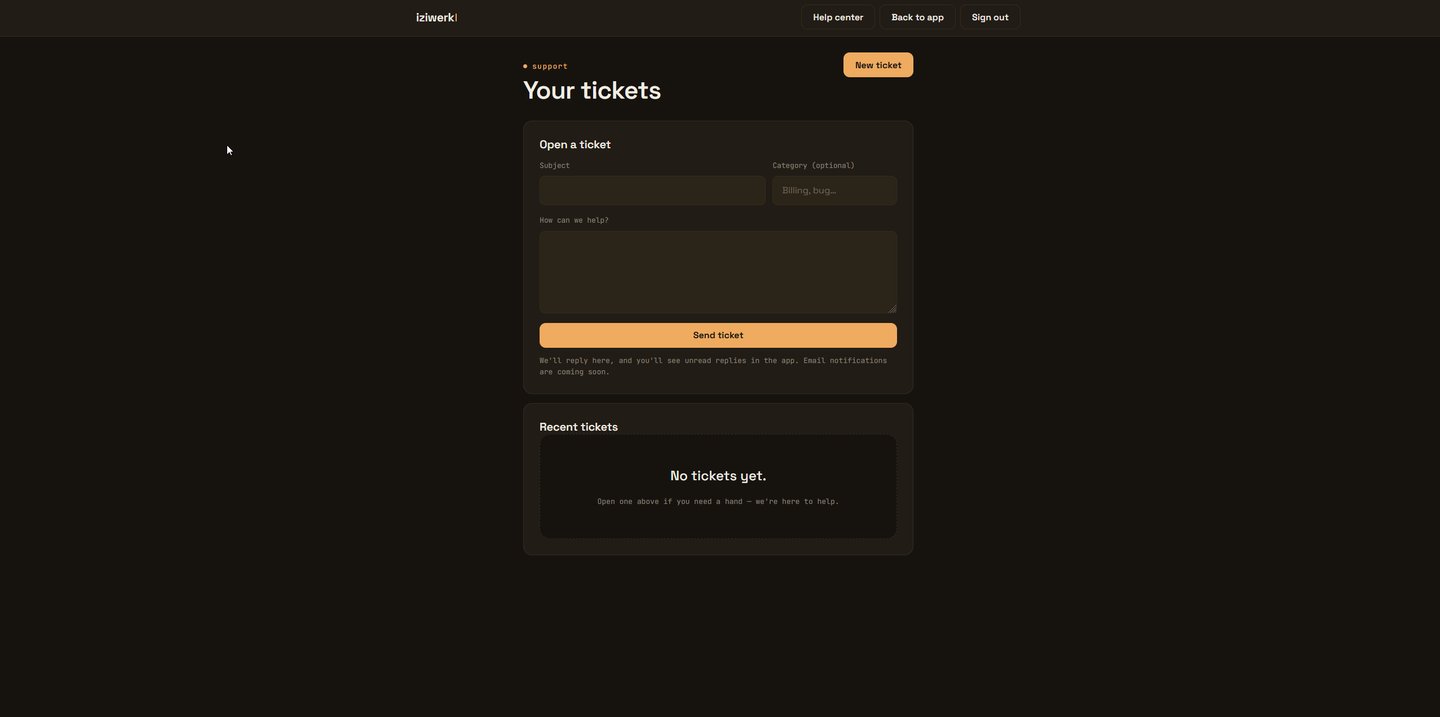 The built-in support area — an open-a-ticket form and a recent-tickets list