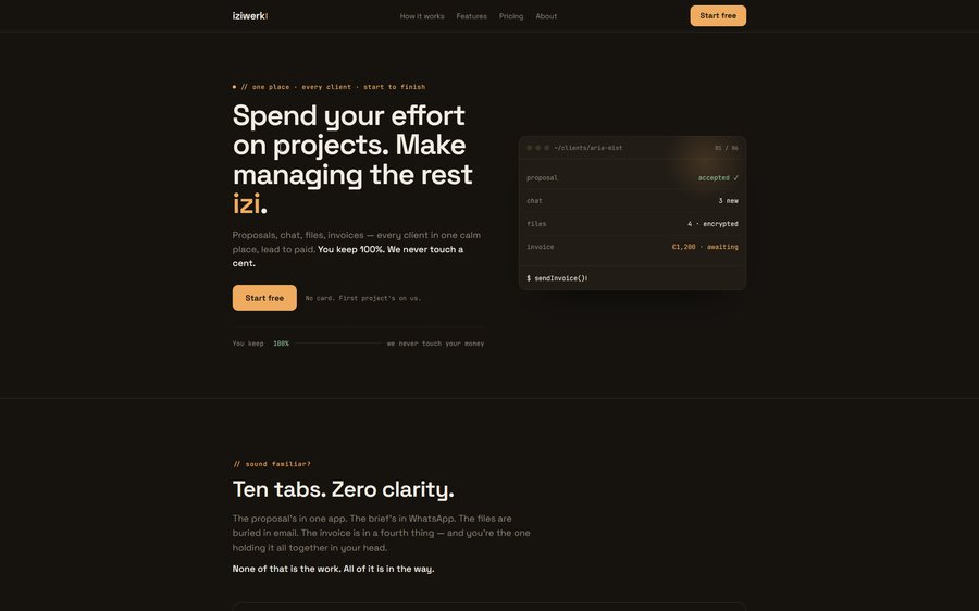 The iziwerk marketing site homepage, warm-dark with an amber accent
