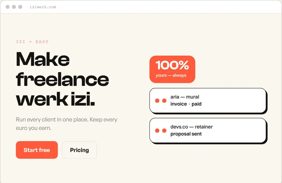 Direction 1c, Izi pop: heavy black type, coral buttons and a 100% badge