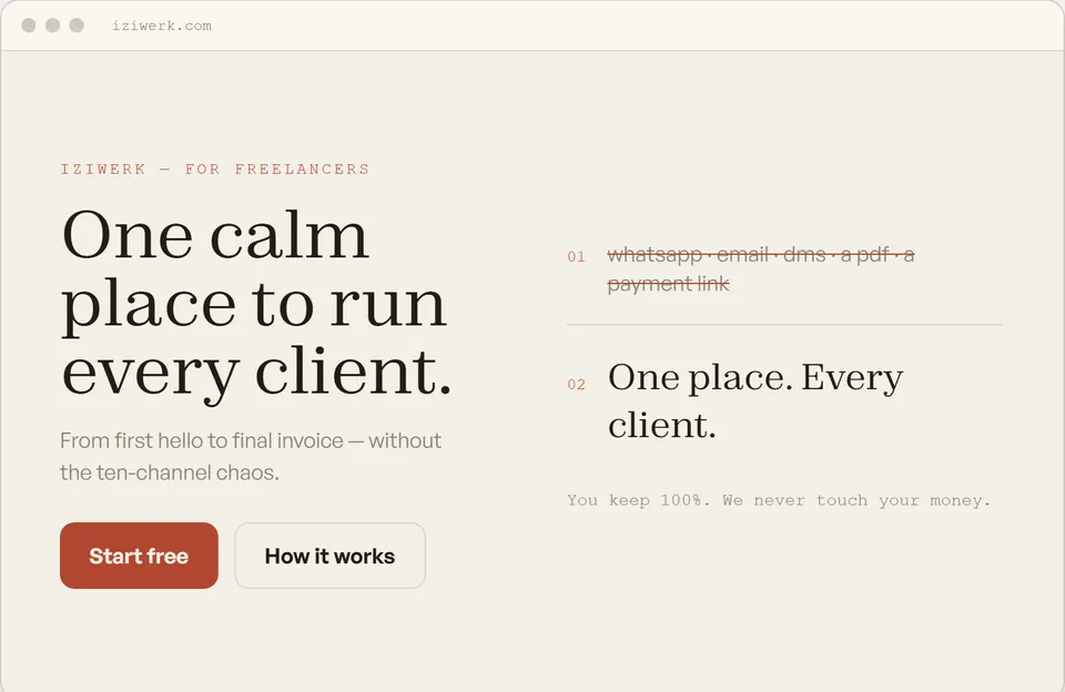 Direction 1b, Studio paper: cream paper, serif headline, terracotta accents