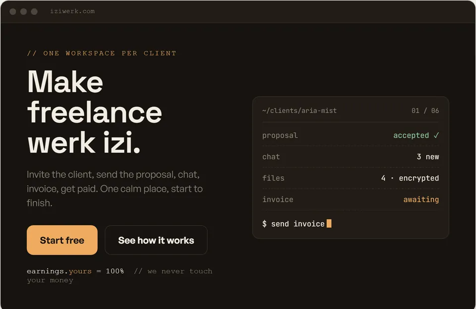 Direction 1a, Terminal, warmed: a warm-dark homepage with an amber Start free button and a terminal panel listing a client's proposal, chat, files and invoice