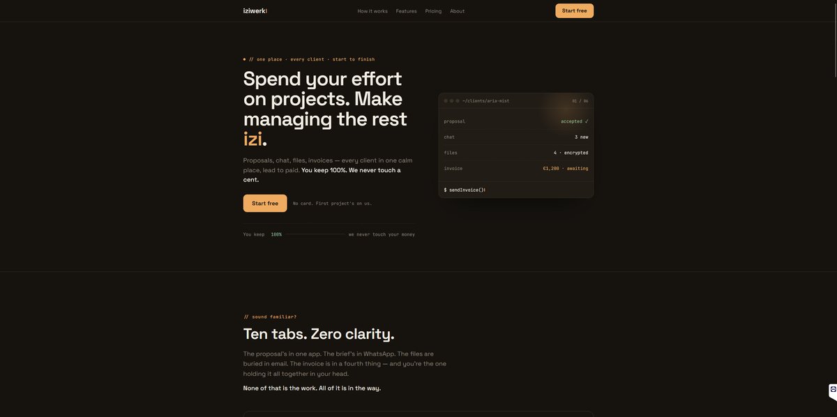 The iziwerk marketing site — a warm-dark homepage with an amber accent and a terminal-style client panel