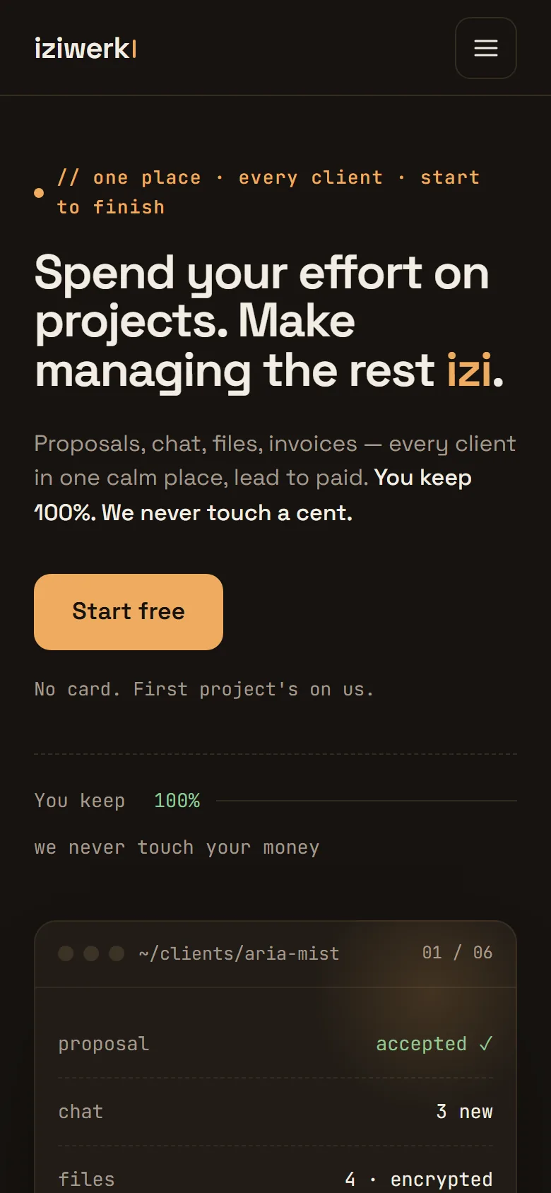 The iziwerk homepage's first screen: Spend your effort on projects. Make managing the rest izi., the Start free button, and the client terminal panel