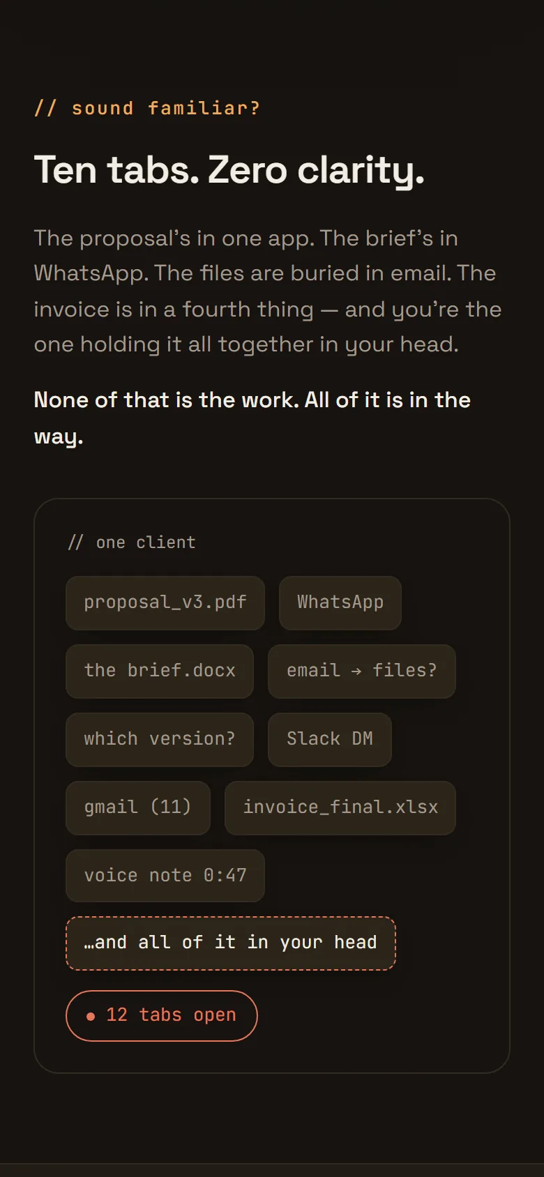 The problem section: Ten tabs. Zero clarity., over a pile of scattered files, chats and tabs for one client