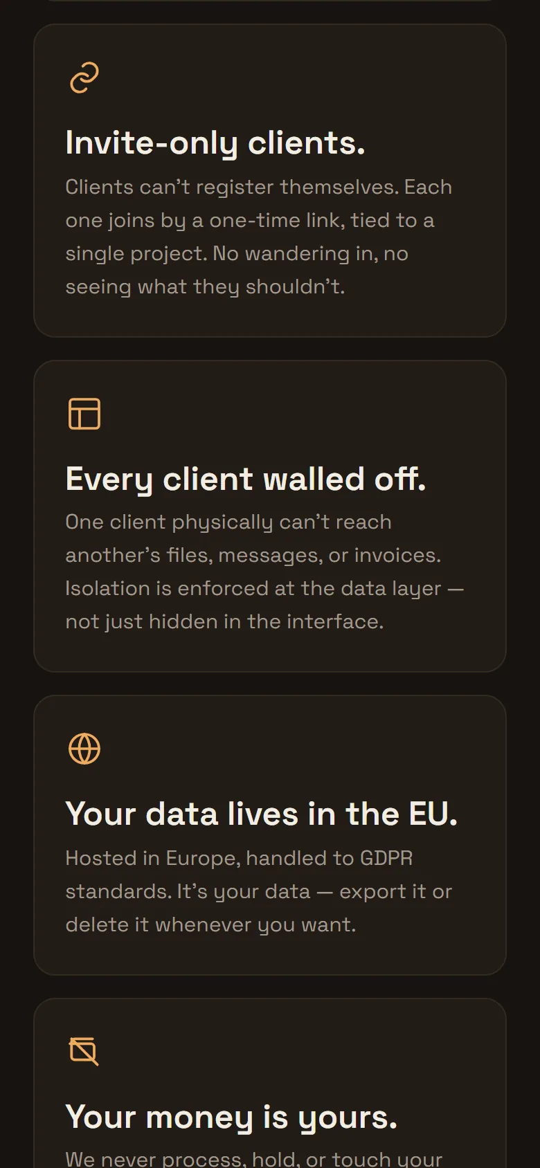 Security: invite-only clients, every client walled off, data kept in the EU