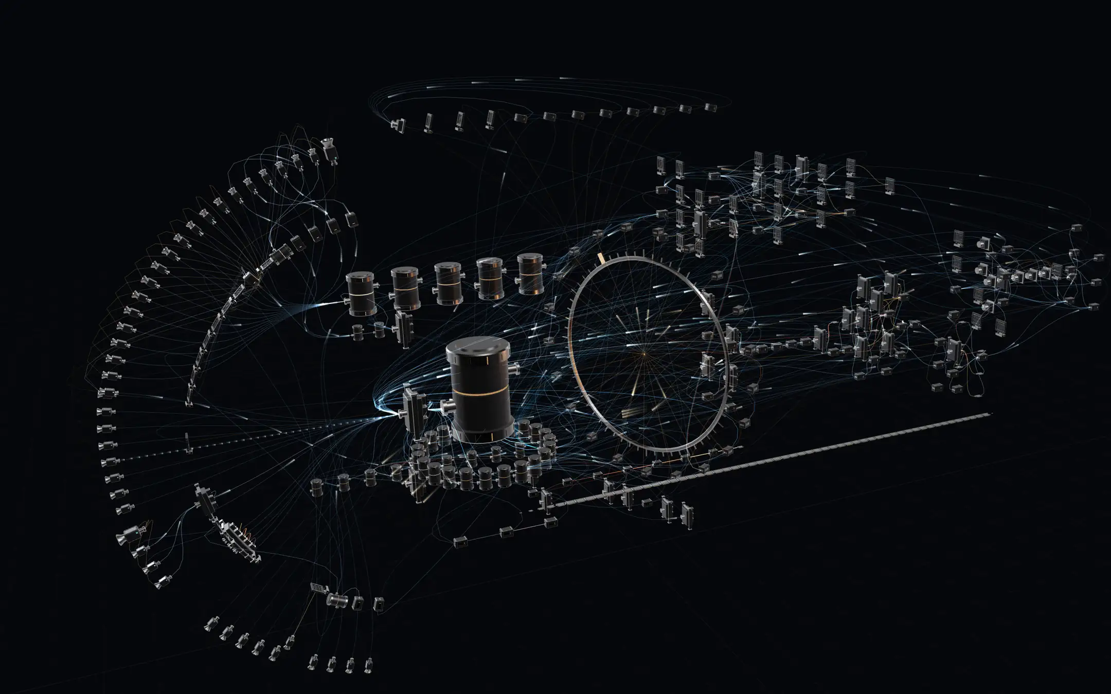 The machine: an array of feed heads aimed at one lock gate and store, a clock ring with every scheduled job around it, banks of rule gates, explainer lanes and checks, and a record strip running underneath.