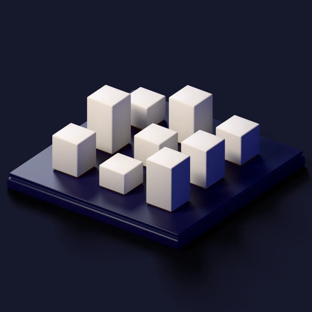 Material study: nine ivory modules on a navy plinth lift and settle in a diagonal sweep
