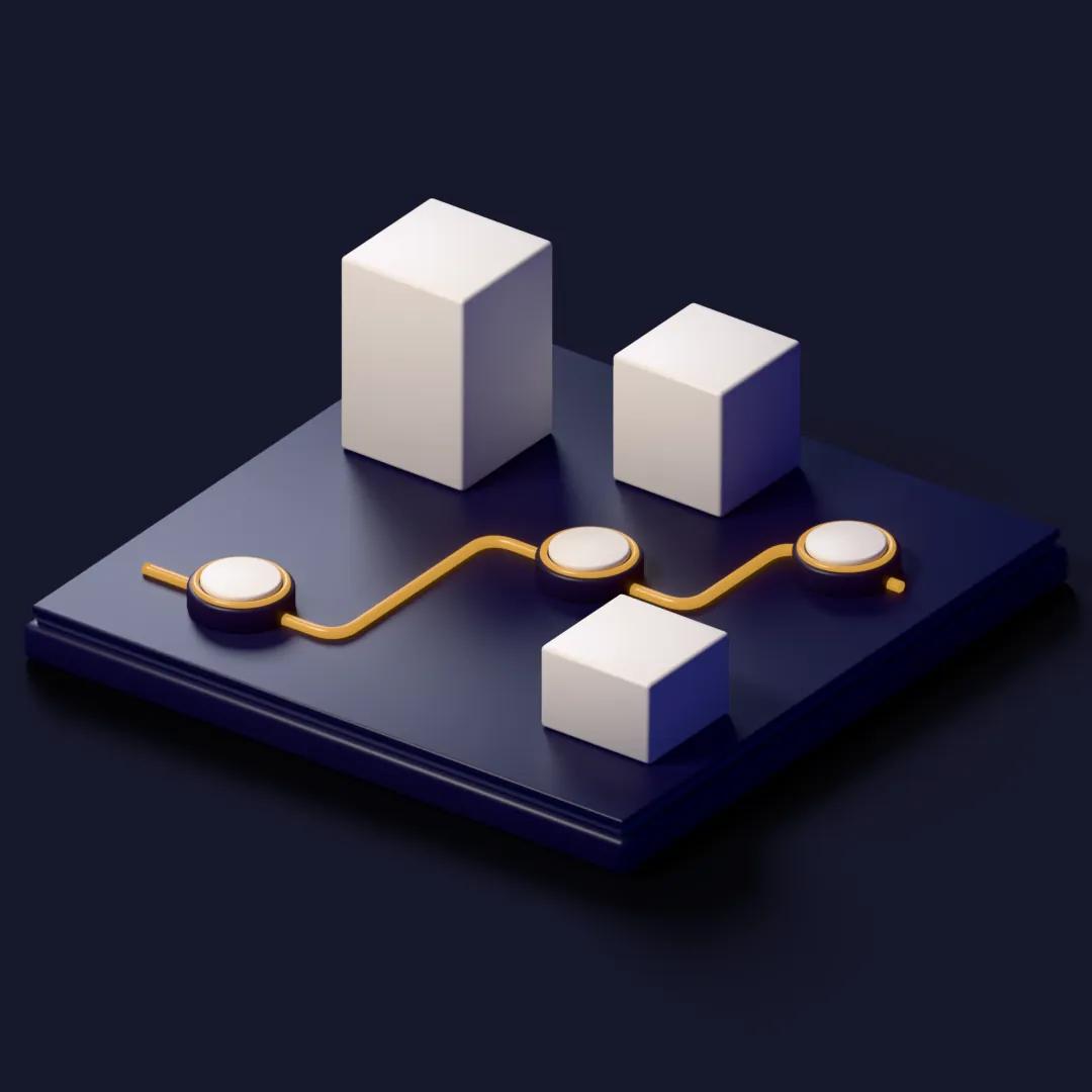 Material study: an amber light travels a route through three milestones beside three ivory blocks